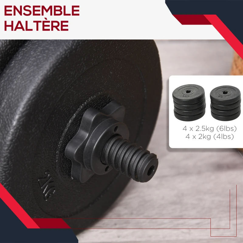 HOMCOM Ensemble d'haltères Courtes Total 20 Kg - Dumbbell Paires -Poids réglable - Barres incluses - Entraînement Musculaire & haltérophilie - Acier HDPE Noir