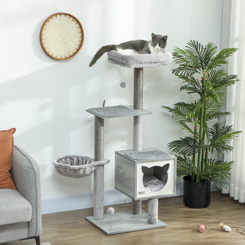 PawHut Arranhador para Gatos com Plataforma Rede Caverna Cama Postes de Sisal e Bolas de Brincar 48x40x126 cm Cinza