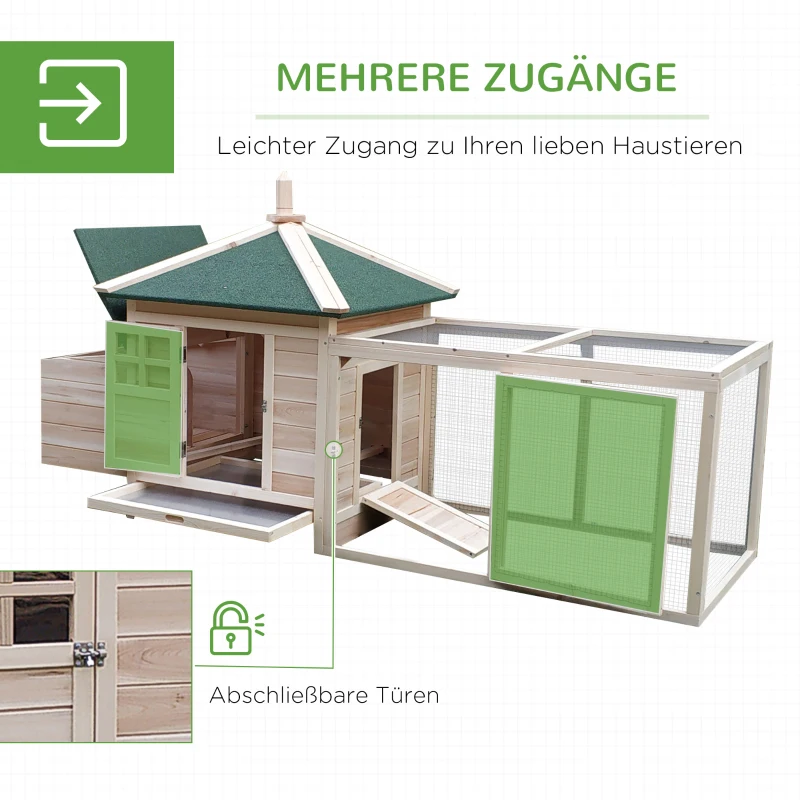 PawHut Hühnerstall für Zwerghühner 196 x 76 x 97 cm witterungsbeständig Hühnerhaus mit Nistkasten, Freilaufgehege Sitzstange, Kleintierstall aus Holz für 1-2 Hühner, Natur