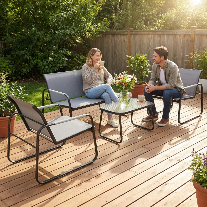 Outsunny Conjunto de Jardim Exterior com 1 Sofá de 2 Lugares 2 Poltronas e Mesa com Tampo de Vidro Temperado Textilene Respirável Cinzento