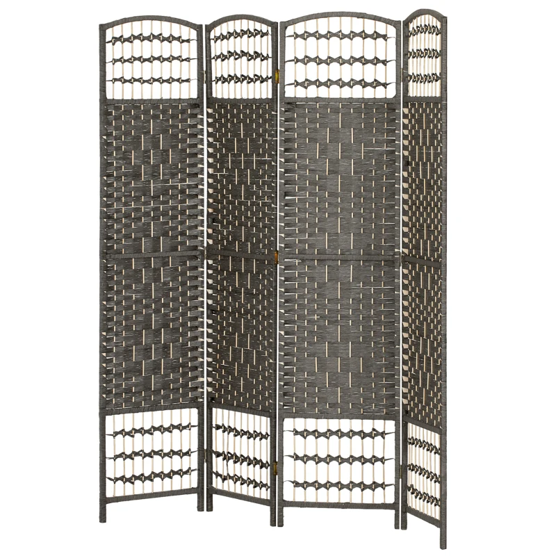 HOMCOM 4 Panel Folding Privacy Screen, Room Divider with Pine Wood Frame for Living Room and Office, Dark Grey