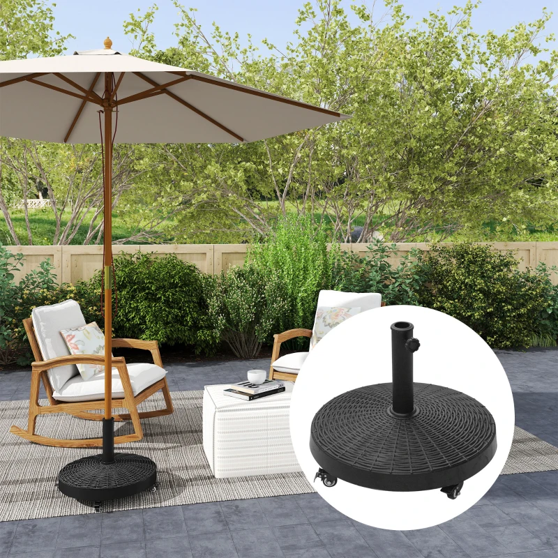 Outsunny Base per Ombrellone da Giardino Rotonda a 4 Ruote con Freni, Base Ombrellone in Metallo e Resina, per Pali di Ombrelloni da Ø38/48 mm, Ø52x41 cm, Nero