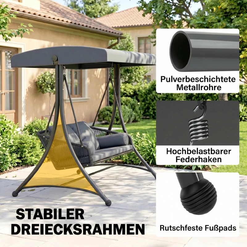 Outsunny Hollywoodschommel Rotan 2-persoons Tuinschommel met Verstelbaar Zonnedak en zachte kussens A-frame Donkergrijs