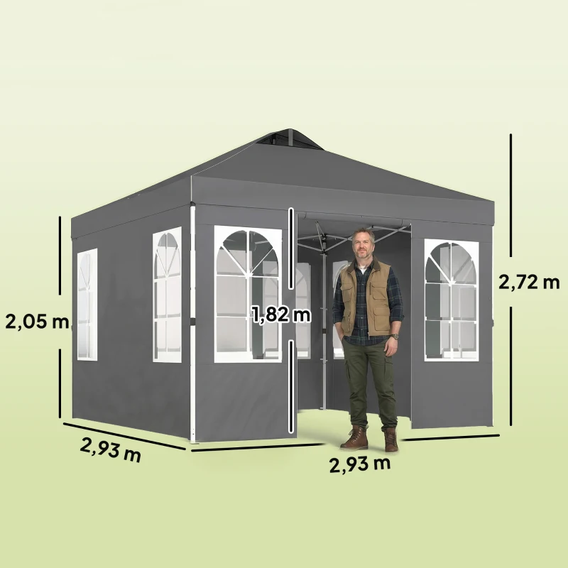 Outsunny Tenda Dobrável 3x3 m Pop-up com UPF50+, 4 Laterais Removíveis, Altura Ajustável e Bolsa de Transporte - Cinzento Escuro