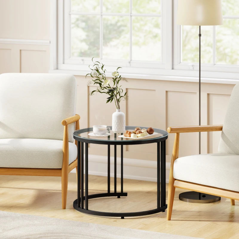 HOMCOM Round Coffee Tables Set of 2, Nesting Tables with Tempered Glass Top and Steel Frame, Black