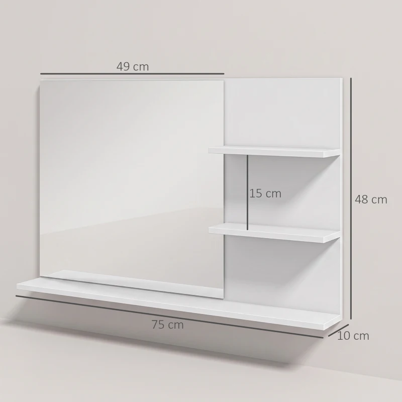 Kleankin Espelho de Casa de Banho de Parede com 2 Prateleiras Laterais e Prateleira Inferior 75x10x48 cm Branco