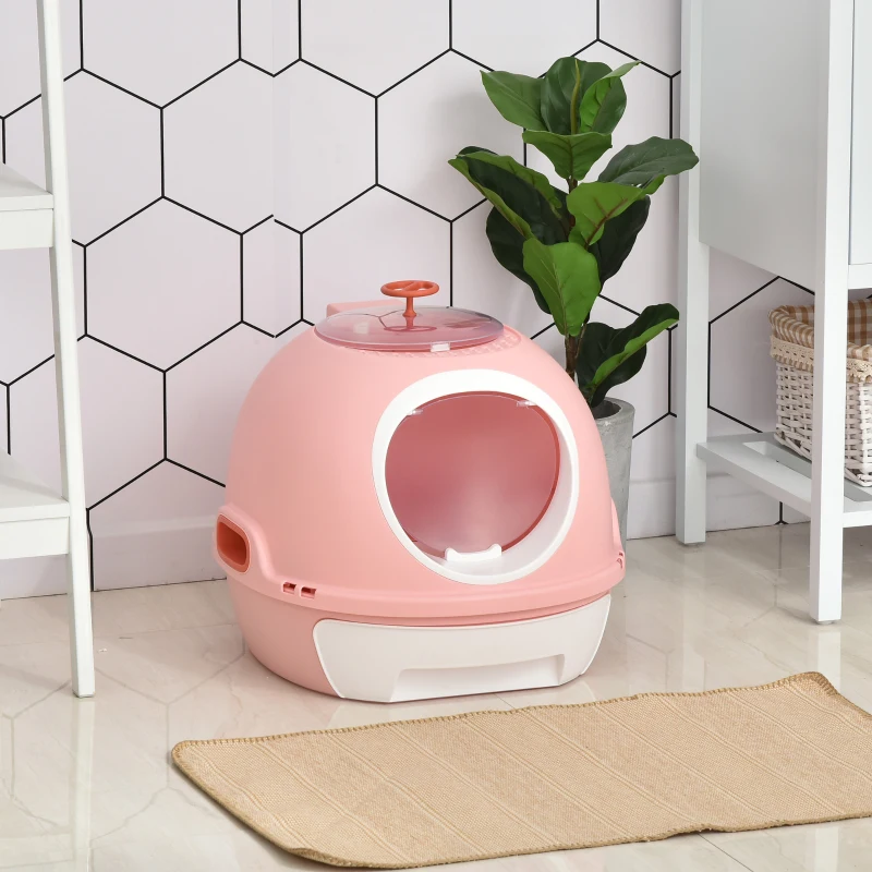 PawHut Caixa de Areia Fechada para Gatos com Clarabóia Bandeja Amovível e Pá 47x55x44cm Rosa