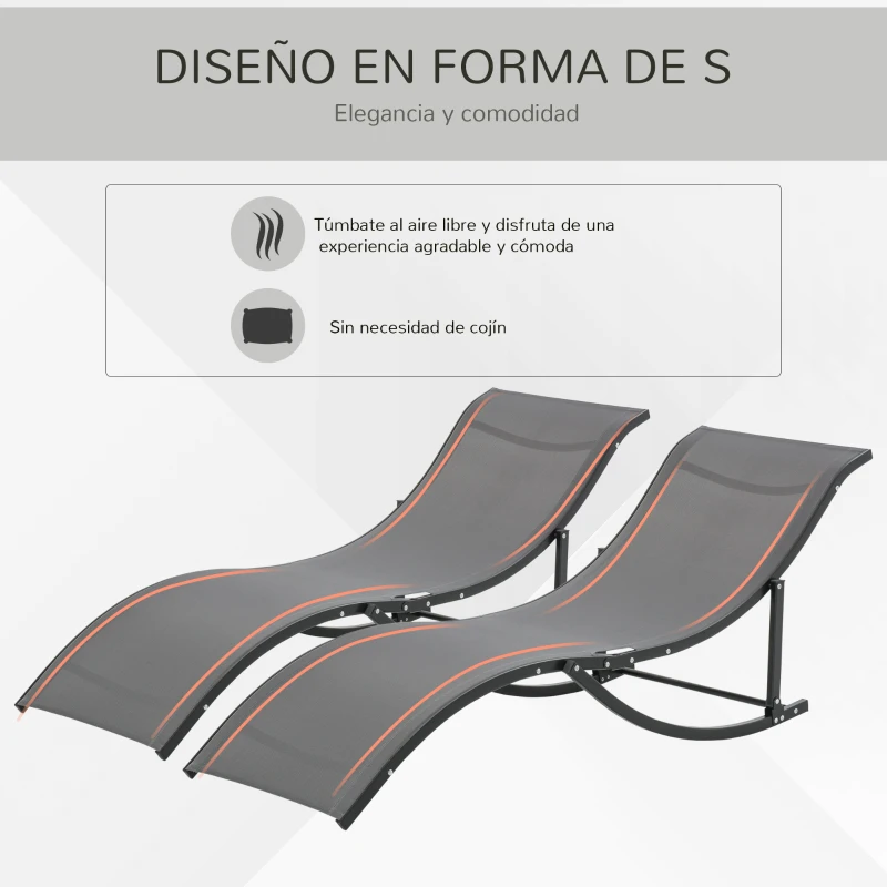Outsunny Conjunto 2 Espreguiçadeiras Ergonômicas Dobráveis em Forma de S com Estrutura de Alumínio Textilene para Piscina Pátio Jardim e Varanda 165x61x63cm Cinza