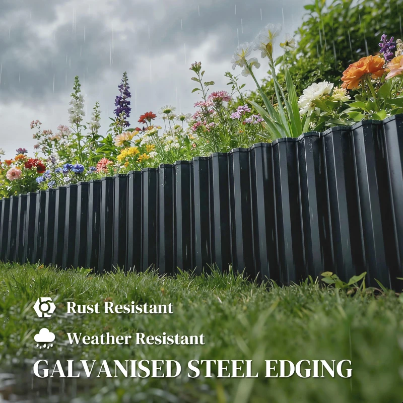 Outsunny Metal Garden Edging Border, 8 in x 21.3 ft Corrugated Heavy Duty Galvanised Steel Lawn Edging, Dark Grey