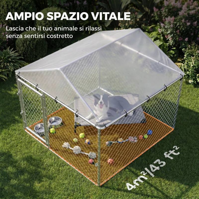 PawHut Recinto per Cani da Esterno in Acciaio Zincato con Tetto in PE, Anti-UV, Impermeabile, Argento