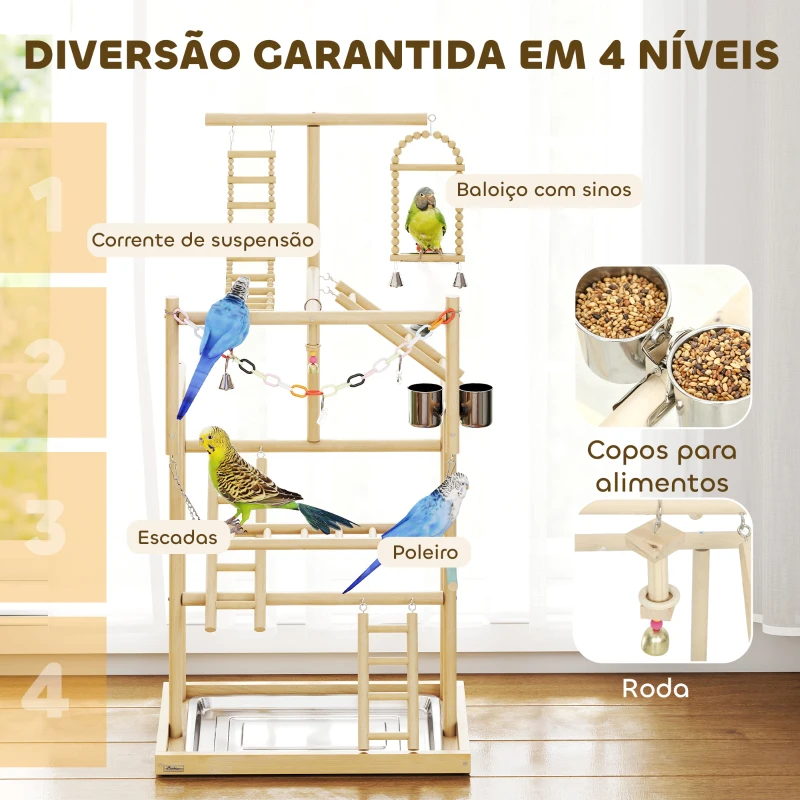 PawHut Parque de Jogos para Pássaros Suporte de Madeira para Pássaros com Escadas Baloiço Brinquedo 48x38x95 cm Madeira