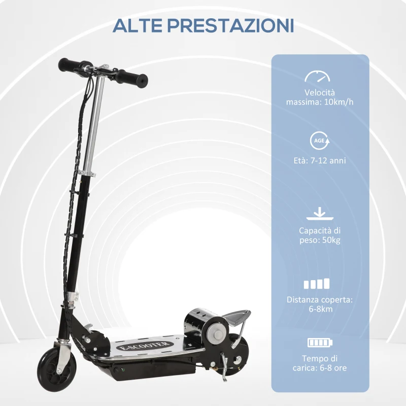 HOMCOM Monopattino Pieghevole per Bambini 7-12 Anni da 120W con Freno e Cavalletto, 75x37x98 cm, Nero