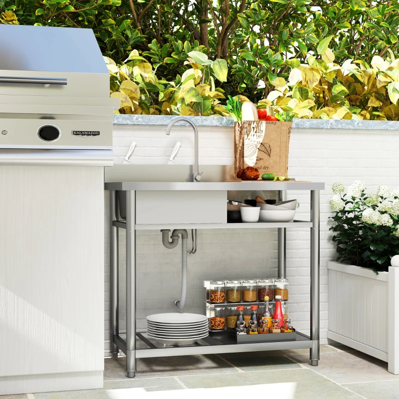 HOMCOM Outdoor Stainless Steel Kitchen Sink, Freestanding Sink Single Bowl with Cold and Hot Water Pipe and Storage Shelves