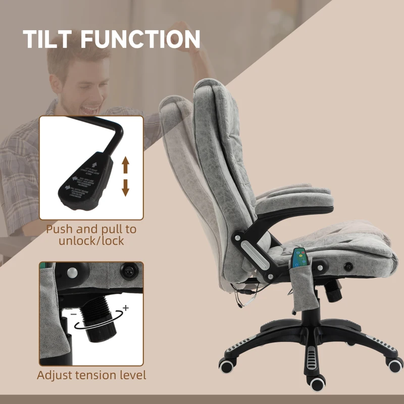 Vinsetto Office Chair, Ergonomic Desk Chair with 6-Point Massage and Back Heated, Microfiber Cloth Computer Gaming Chair with Arms, Lumbar Support, Grey