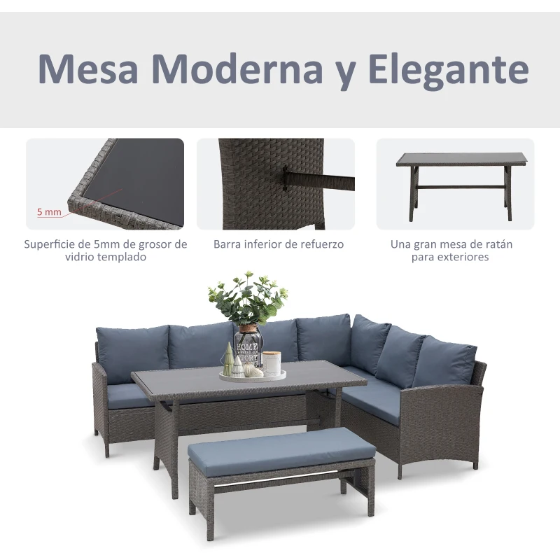 Outsunny Conjunto de Jardín de Ratán Sintético con Sofá Esquinero de 2 Módulos Banco y Mesa con Encimera de Cristal Gris