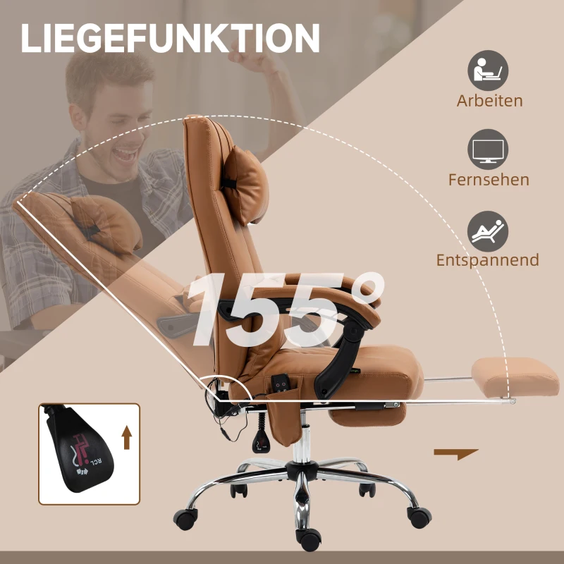 Vinsetto Fauteuil de bureau massant chauffant avec repose-pieds têtière sur roulettes revêtement synthétique marron(m-6)