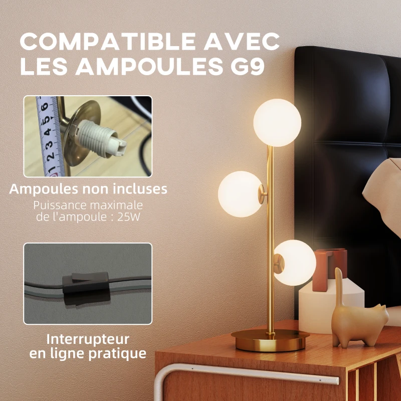 HOMCOM Lampe de chevet avec 3 abat-jours globe, lampe de table moderne avec base en acier et douilles G9, 53H cm, ton laiton