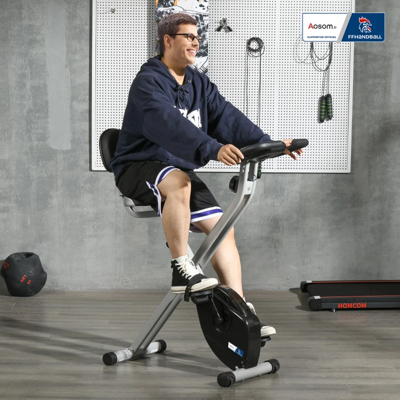 Vélo d'appartement pliable - Collaboration Aosom.fr x FFHandball - 8 niveaux de résistance, dossier selle réglable, gris