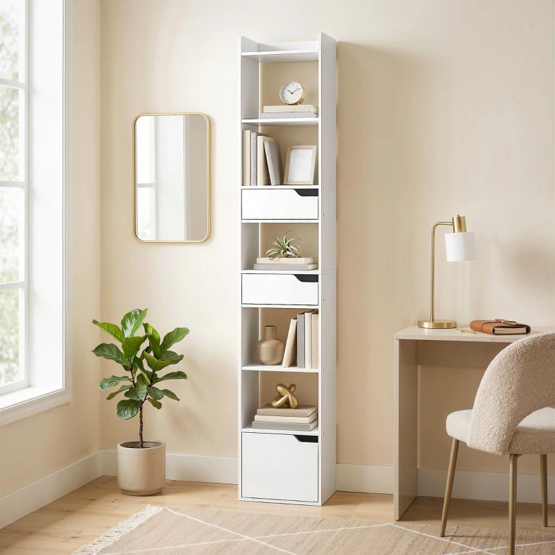 HOMCOM Bookcase Tall Narrow with 5 Tiers and Drawers Freestanding Bookshelf Storage Cabinet for Living Room White Wood Effect