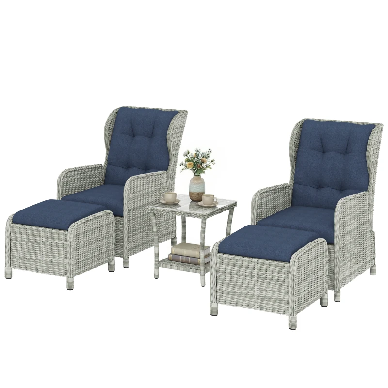Outsunny 5 Piece Garden Furniture Set, Rattan Reclining Garden Chair Set of 2 with Footstool and Cushion for Balcony, Dark Blue