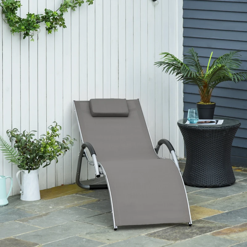 Outsunny Sun Lounger Reclining Chair Portable Armchair with Pillow for Garden Patio Outside Aluminium Frame, Khaki