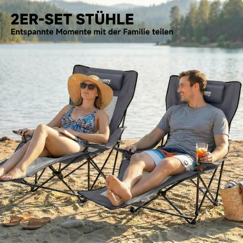 Outsunny 2er Set Campingstuhl faltbar Angelstuhl mit verstellbarer Rückenlehne Fußablage Getränkehalter Kopfstütze Dunkelgrau