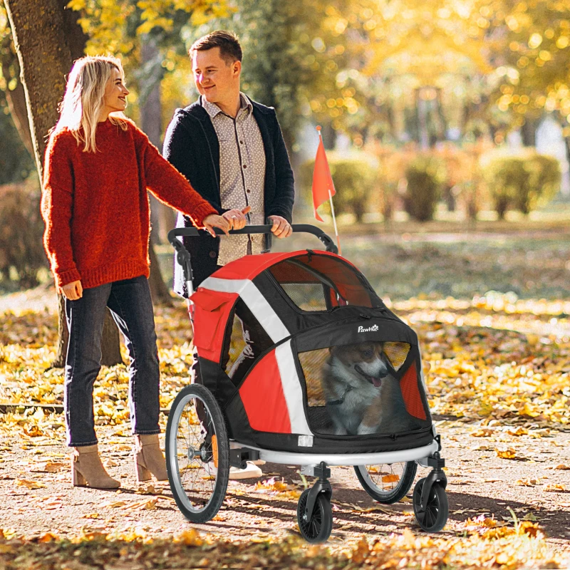 PawHut Reboque de Bicicleta para Cães Dobrável 2 em 1 Carrinho para Cães de Alumínio com Guiador Ajustável Bandeira e 6 Refletores Carga Máxima 40kg 150x82x98cm Vermelho
