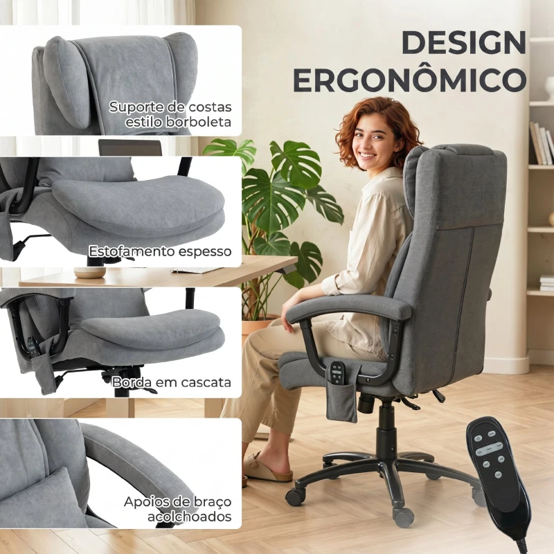 HOMCOM Cadeira de Escritório com Massagem de Amassamento em 4 Pontos Encosto Alto Altura Ajustável Assento Amplo Almofada Lombar Cinzento