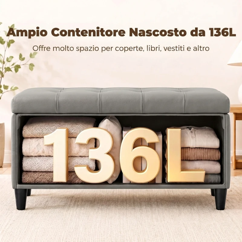 HOMCOM Panca Contenitore Imbottita 136L in Finta Pelle, 110x41x42 cm, Grigio