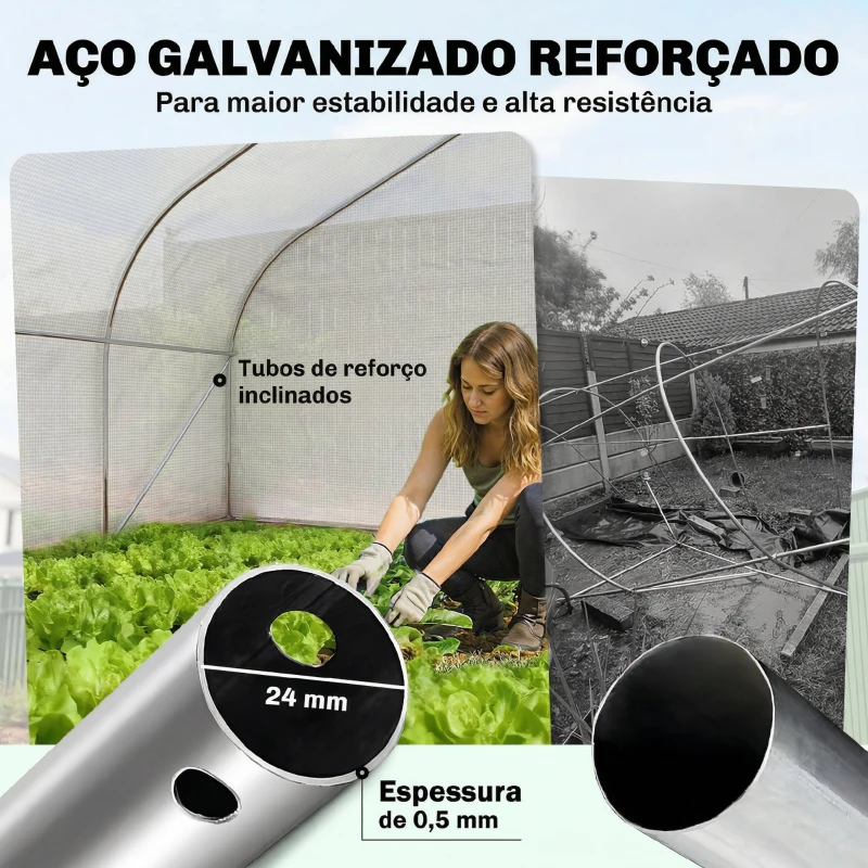 Outsunny Estufa Tipo Túnel 395x300x200 cm com Porta de Malha e 8 Janelas Estufa de Jardim com Cobertura de PE Branco