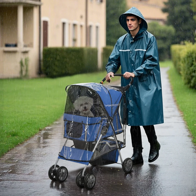 PawHut Passeggino per Cani Piccoli Pieghevole con Copertura Antipioggia, Ruote Girevoli e con Freni, Blu