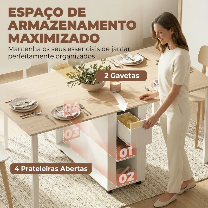 HOMCOM Mesa de Cozinha Dobrável para 6 Pessoas com Laterais Retráteis Gavetas e Prateleiras Abertas 168,2x85x73 cm Madeira e Branco