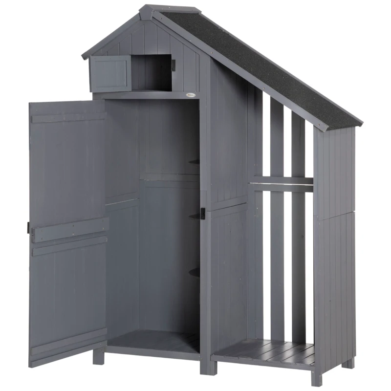 Outsunny Gartenschrank, offenes Brennholzfach, verriegelbare Tür, wetterfest, Naturholz, 129 x 51,5 x 180cm, grau+schwarz