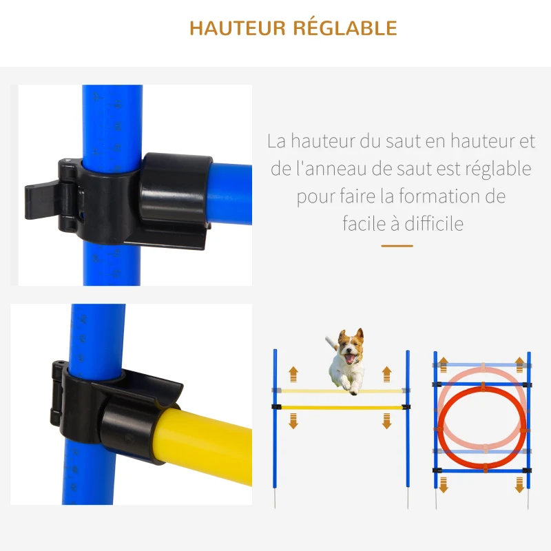PawHut Agility sport pour chiens équipement complet : poteaux slalom, obstacle, anneau + sac de transport bleu jaune rouge