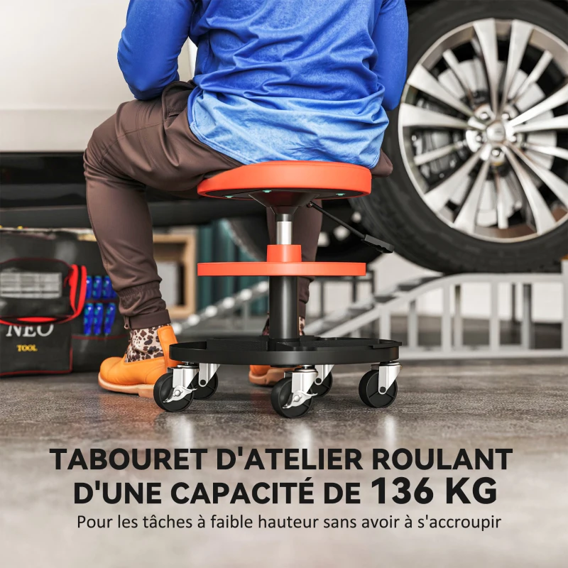 HOMCOM Tabouret d'atelier à roulettes, tabouret de mécanicien avec hauteur réglable 40-51 cm, 2 étagères 38x38x51cm, orange