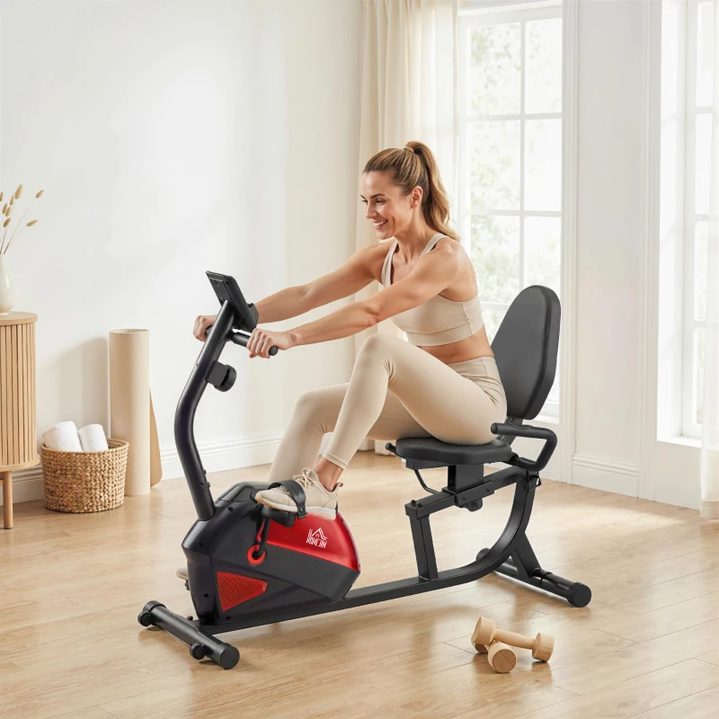 HOMCOM Bicicleta Estática com Encosto 8 Níveis de Resistência Magnética Volante Assento Ajustável Monitor LCD Pulsómetro Suporte de Telemóvel e Rodas Vermelho