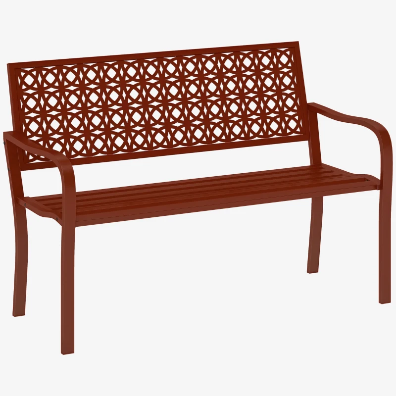 Outsunny Buitenbank, Tuinbank van Staal, Uitgesneden Rugleuning, Armleuningen, Voor 2 Personen, Rood