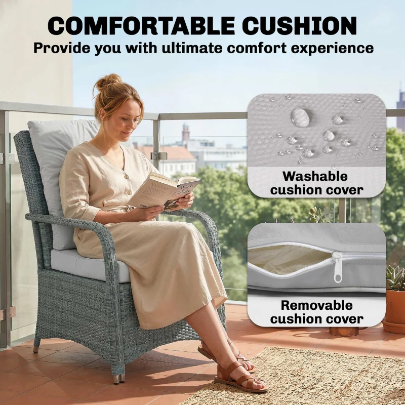 Outsunny 3 Pieces Rattan Bistro Set, Wicker Garden Furniture Set with Metal Frame, Cover, Glass Top Coffee Table, Light Grey