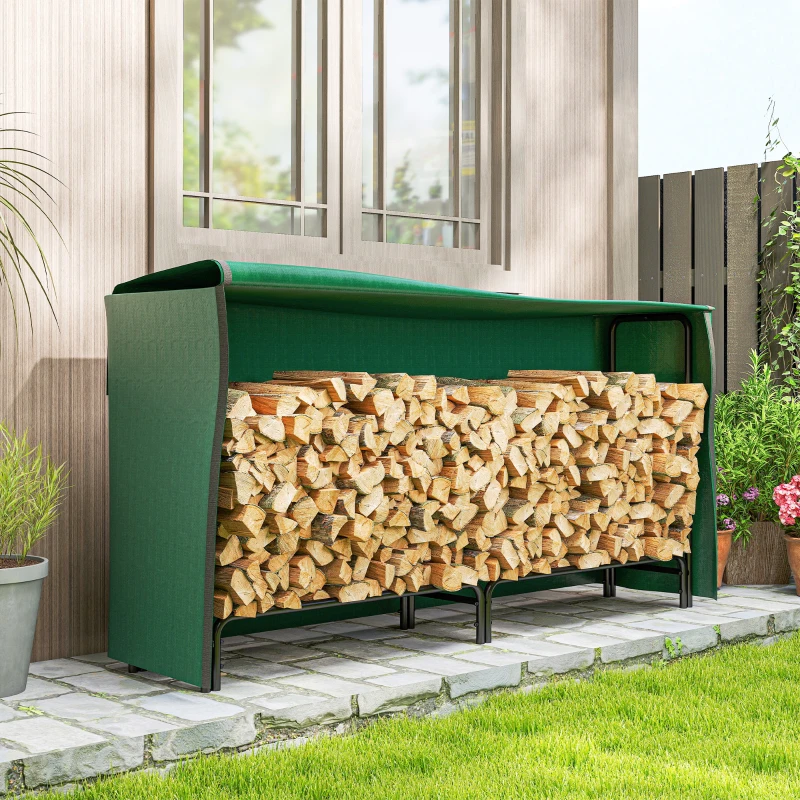 Outsunny Firewood Rack with Waterproof Cover, Heavy Duty Metal Log Store Indoors, Log Storage Holder for Outdoor Indoor Fireplace, 200 x 36 x 99 cm, Dark Green