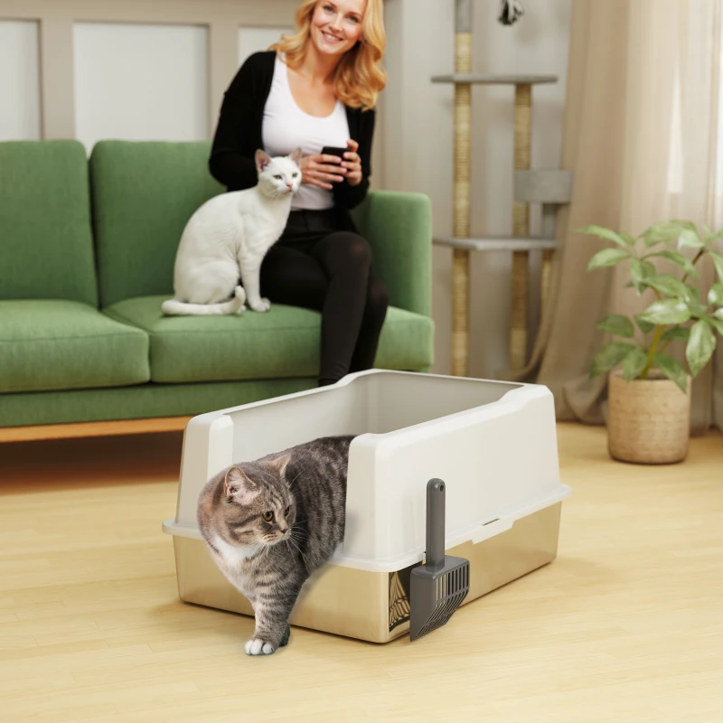 PawHut Lettiera per Gatti Impermeabile con Pareti Rialzate, Vassoio e Paletta, in ABS, 71x50.8x35.5 cm, Bianco