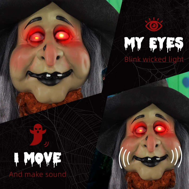 HOMCOM 183 cm Life Size Halloween Animated Standing Fat-Faced Witch with Red Light Up Eyes, Sound Activated Moving Arms & Head, Scary Witch Halloween Decorations, Battery Operated, Indoor Party Props