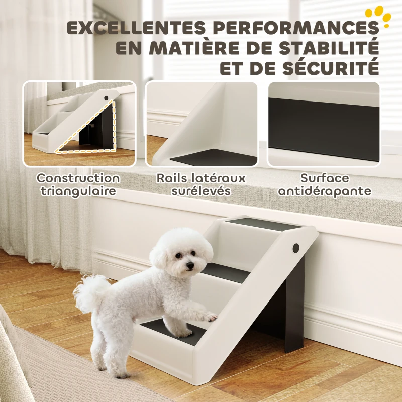 PawHut Escalier pour chien pliant à 3 marches antidérapantes escalier pour animaux en plastique 53 x 30,5 x 36,5 cm crème