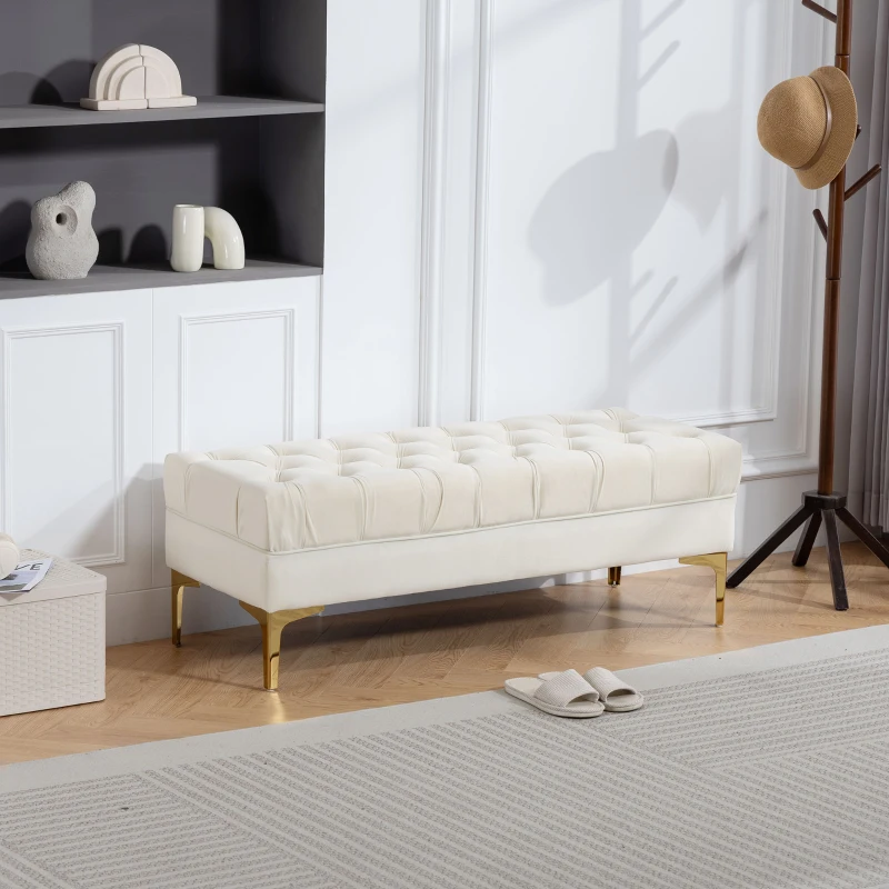 HOMCOM Banc banquette capitonnée bout de lit style classique chic dim. 118L x 45l x 42H cm piètement métal doré velours beige