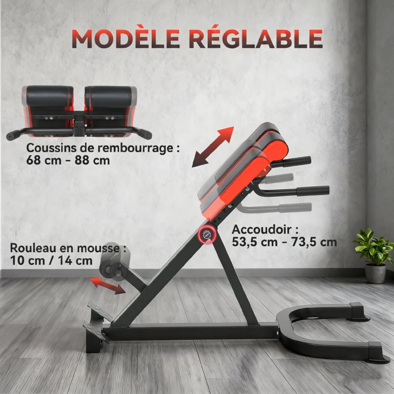 SPORTNOW Banc de Musculation Réglable 5 Niveaux, Chaise Romaine avec Rouleaux en Mousse Dense, 112 x 62 x 88 cm, Noir et Rouge