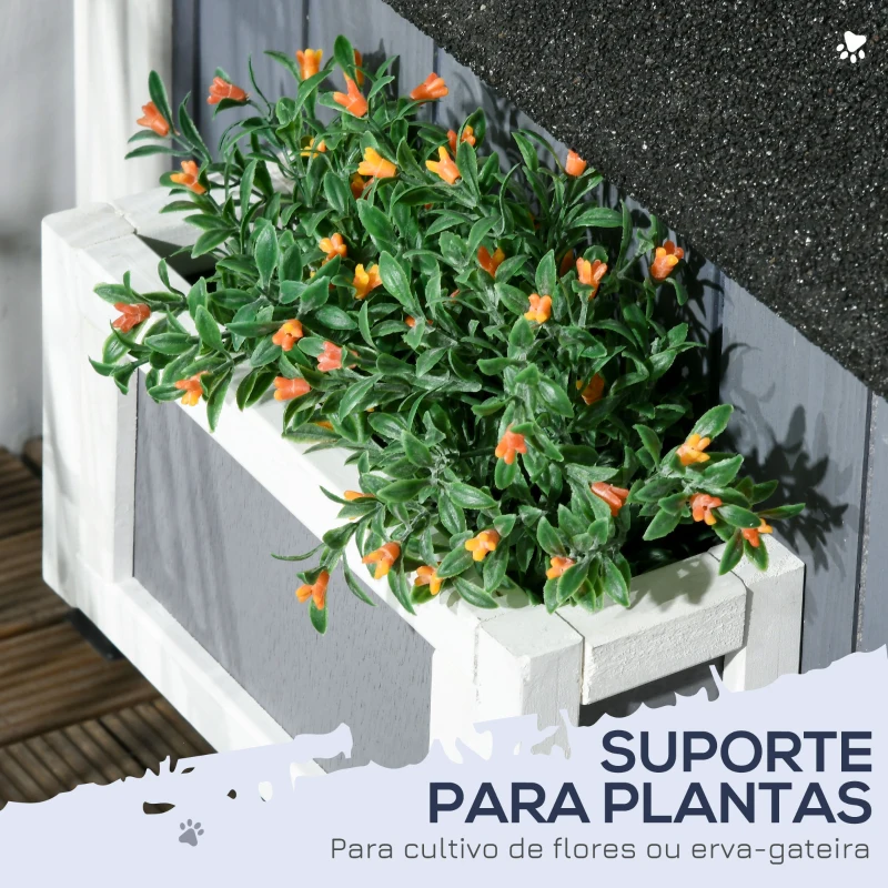 PawHut Casa para Gatos de Madeira com Suporte para Flores de 2 Níveis e Teto Asfáltico 96x65x85,5 cm Cinza