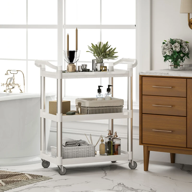 HOMCOM Carrinho Auxiliar com Rodas e 3 Prateleiras Carrinho de Cozinha com Armazenamento Carga 105 kg 88x44x93 cm Branco