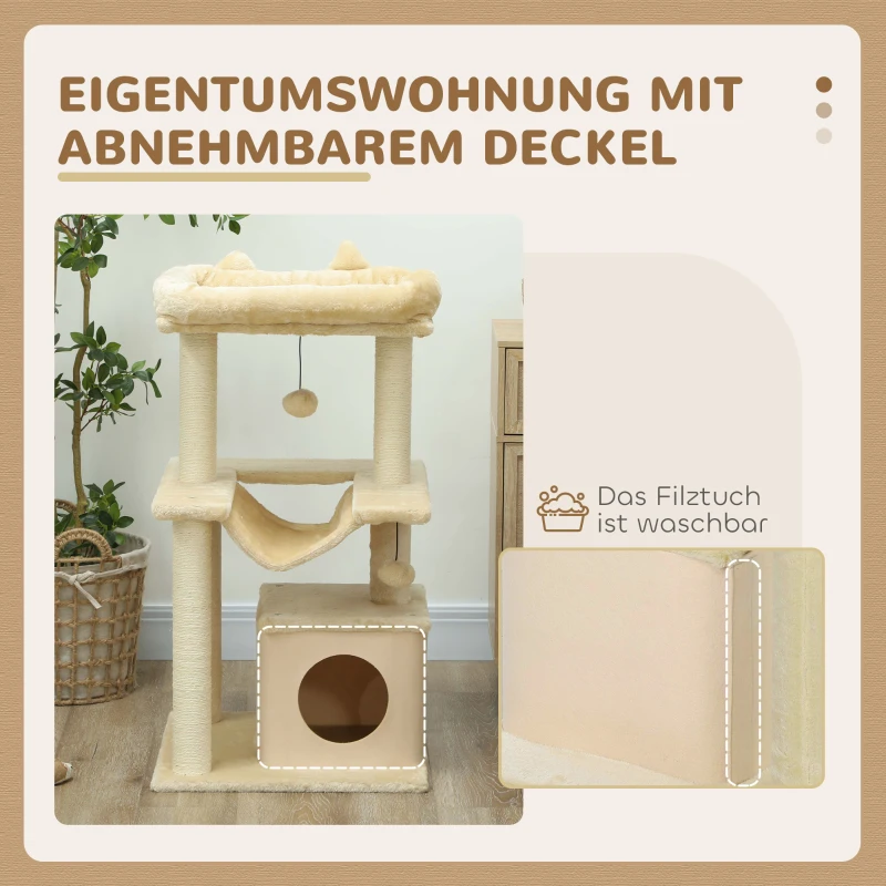 PawHut Katzenbaum, Kratzbaum mit Spielzeug, Sitzstange, Hängematte, 48 x 48 x 90 cm, Creme