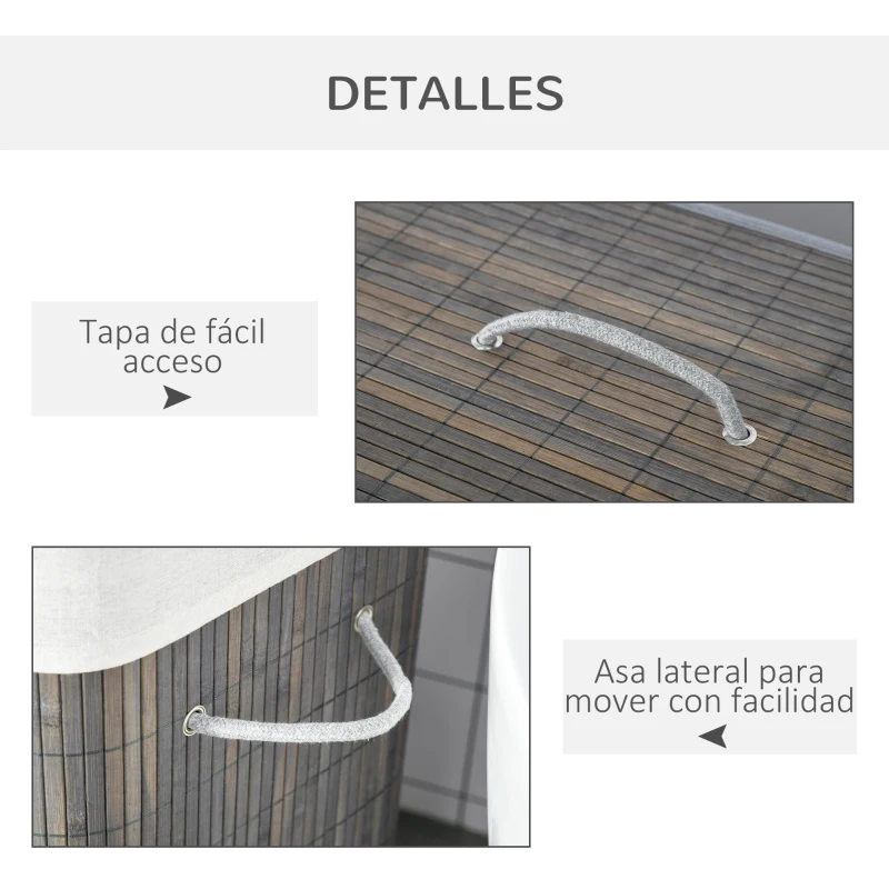 HOMCOM Cesto para Ropa Sucia de Bambú Capacidad de 100L con Tapa Extraíble Bolsa de 2 Compartimentos 52x32x63 cm Gris