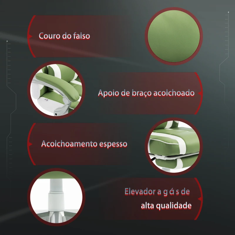 HOMCOM Cadeira Gamer Reclinável com Altura Ajustável Apoio para os Pés Retrátil Suporte Lombar e Almofada de Cabeça Amovível Verde