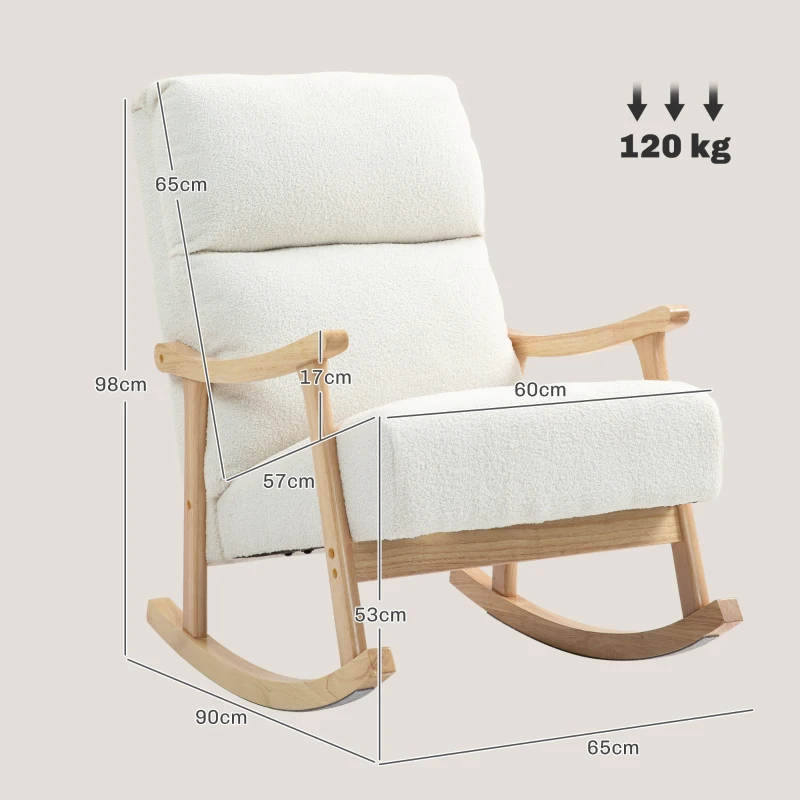 HOMCOM Upholstered Rocking Chair, Teddy Fleece Fabric, High Back, Armrests, Rubberwood Legs, Cream White